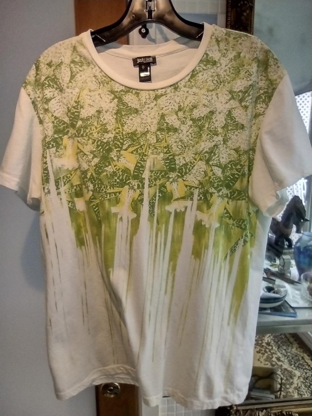 Just Cavalli White Tee with Green Abstract Print